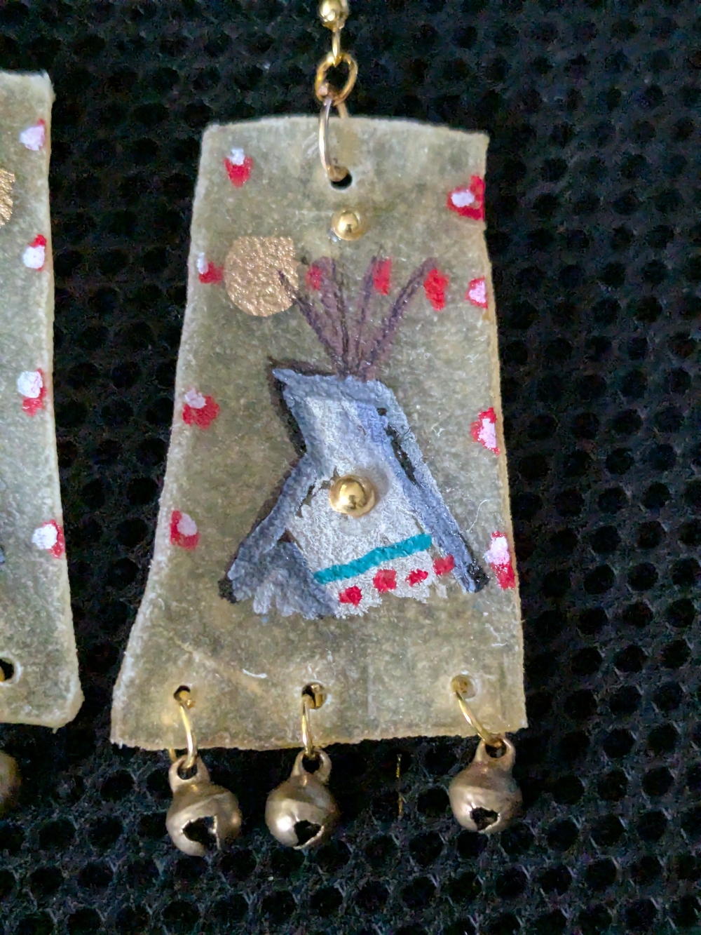 Indigenous Hand-Painted Teepee Rawhide Parfleche Dangle Earrings With Jingles - Picture 10 of 10